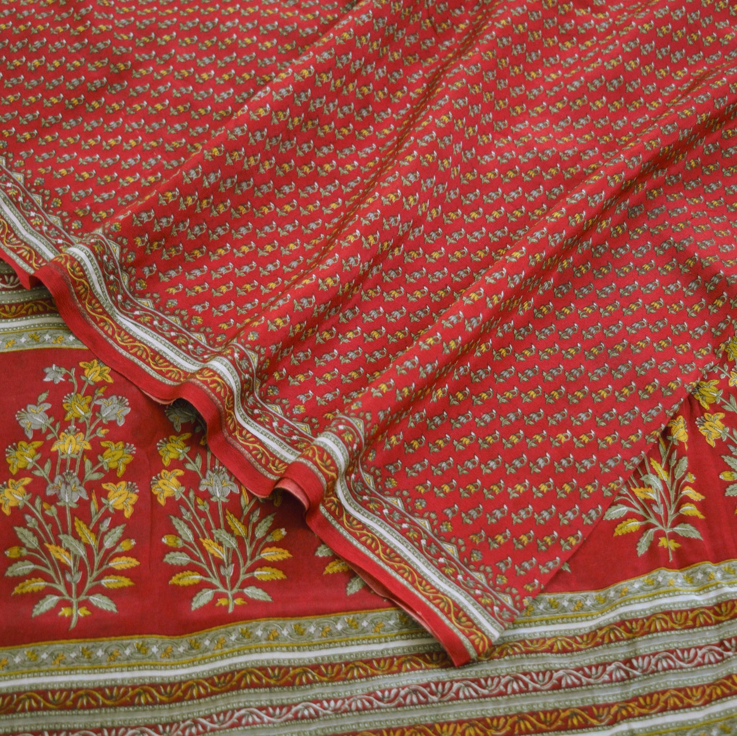 Indian Vintage Sari Dark Red Pure Crepe Silk Printed Saree 6yard Sewing Floral Craft Fabric Ethnic Wrap