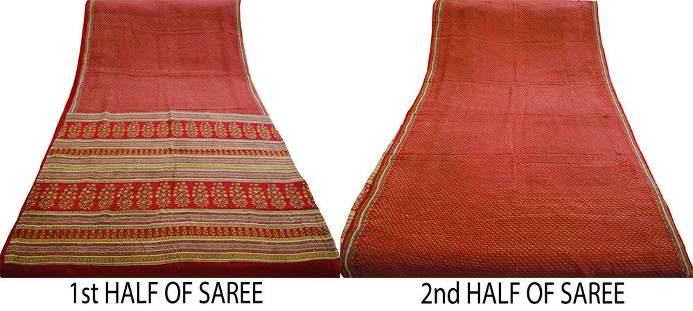 Indian Vintage Sari Dark Red Pure Crepe Silk Printed Saree 6yard Sewing Floral Craft Fabric Ethnic Wrap