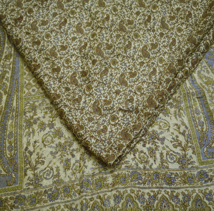 Indian Vintage Sari Ivory Pure Silk Printed Saree Fabric 5yd Sewing Craft Fabric DressMaking Soft