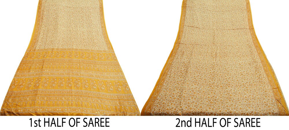 Indian Vintage Sari Ivory & Saffron Pure Silk Printed Saree Fabric 5yd Sewing Craft Fabric DressMaking Soft