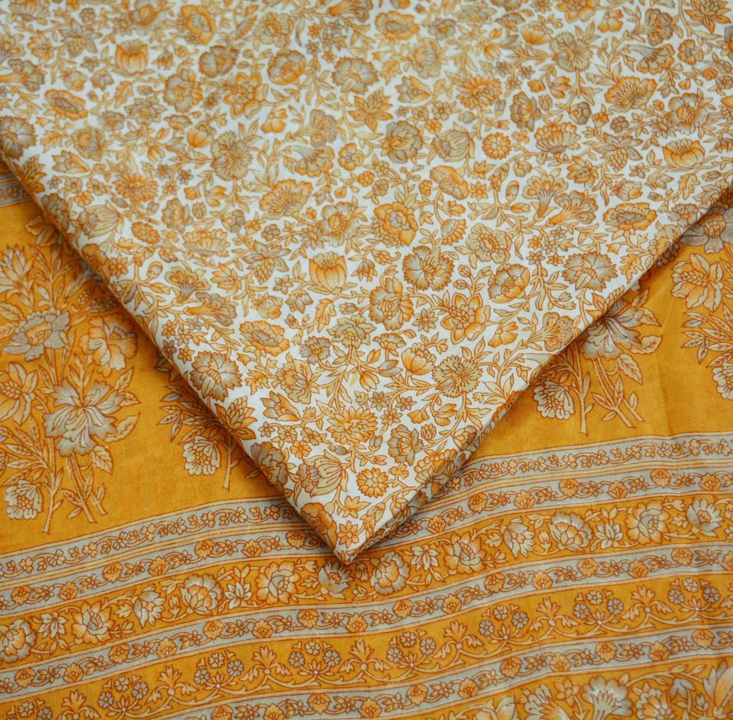 Indian Vintage Sari Ivory & Saffron Pure Silk Printed Saree Fabric 5yd Sewing Craft Fabric DressMaking Soft