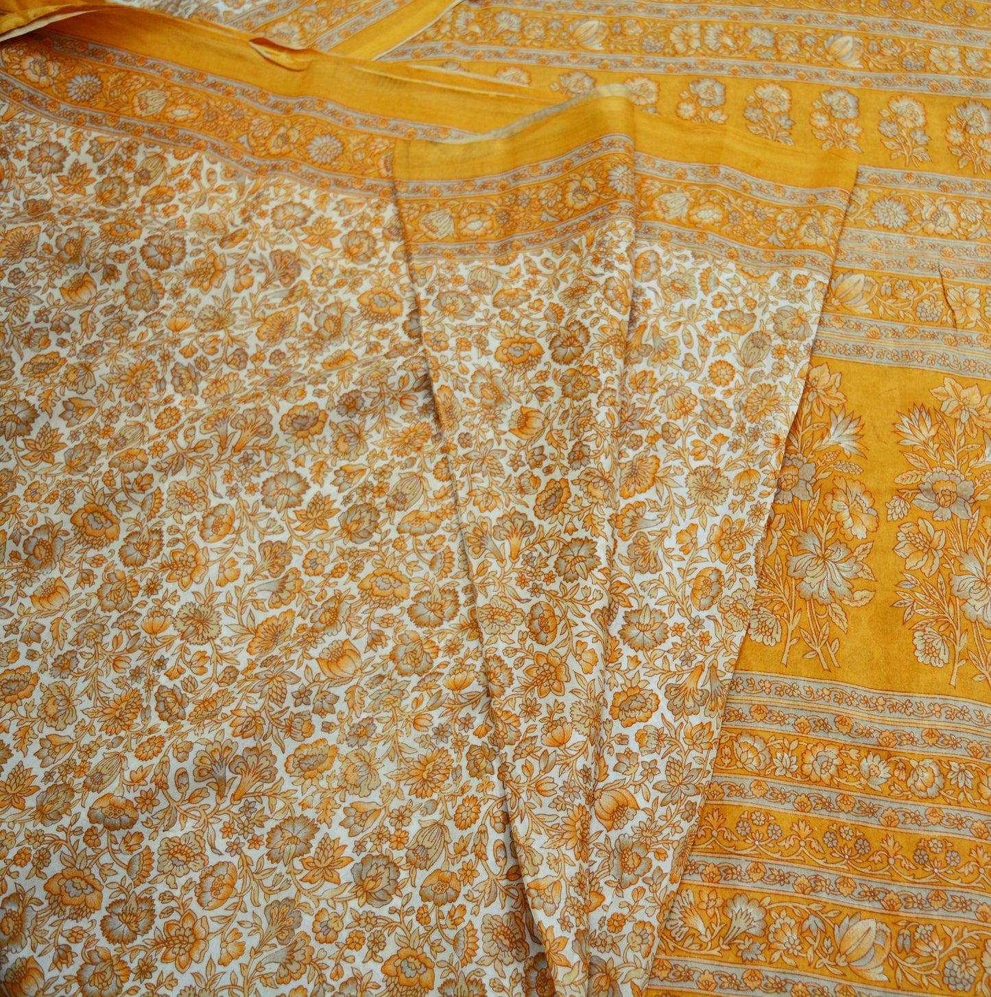 Indian Vintage Sari Ivory & Saffron Pure Silk Printed Saree Fabric 5yd Sewing Craft Fabric DressMaking Soft