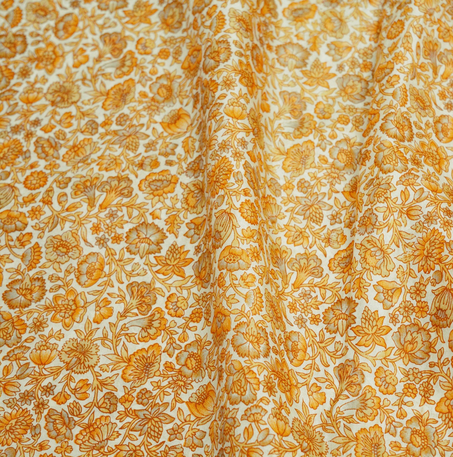 Indian Vintage Sari Ivory & Saffron Pure Silk Printed Saree Fabric 5yd Sewing Craft Fabric DressMaking Soft