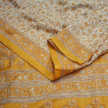 Indian Vintage Sari Ivory & Saffron Pure Silk Printed Saree Fabric 5yd Sewing Craft Fabric DressMaking Soft