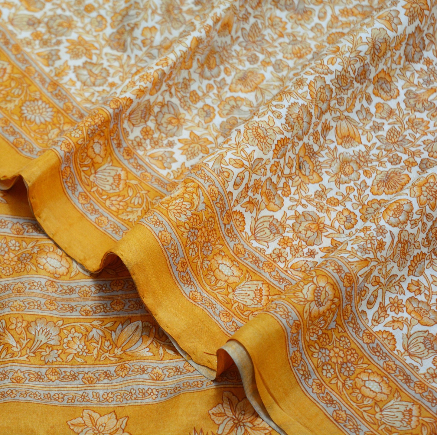 Indian Vintage Sari Ivory & Saffron Pure Silk Printed Saree Fabric 5yd Sewing Craft Fabric DressMaking Soft