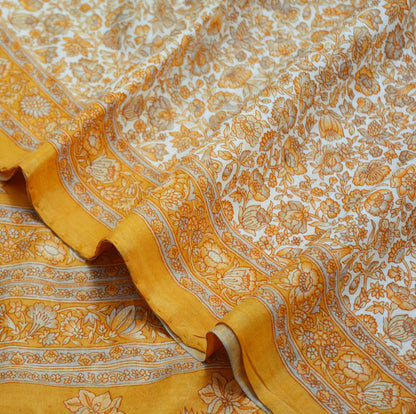 Indian Vintage Sari Ivory & Saffron Pure Silk Printed Saree Fabric 5yd Sewing Craft Fabric DressMaking Soft