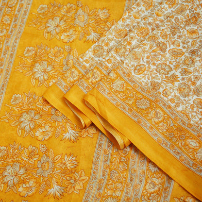 Indian Vintage Sari Ivory & Saffron Pure Silk Printed Saree Fabric 5yd Sewing Craft Fabric DressMaking Soft