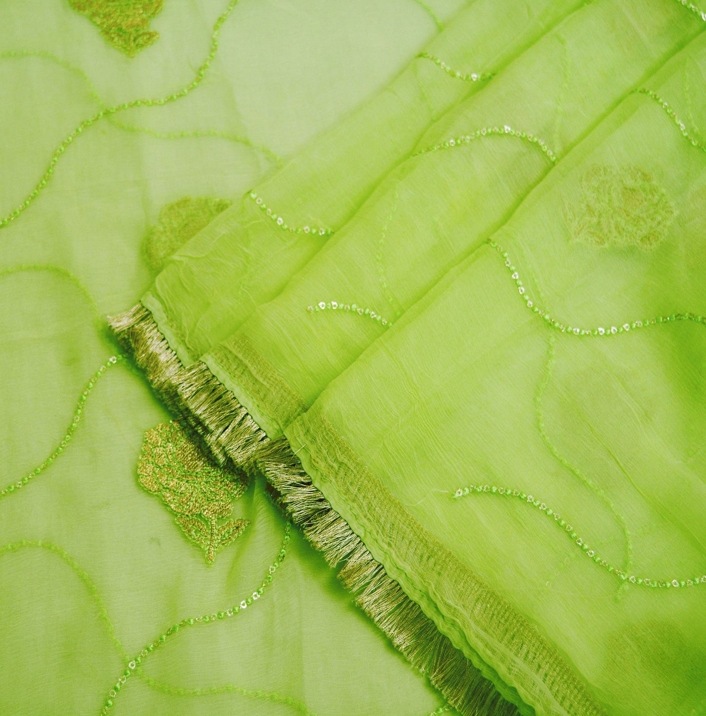 Indian Vintage Green Dupatta Blend Chiffon Long Stole Embroidered Scarves Floral Design Stole Veil Wrap