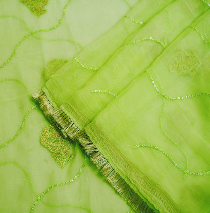 Indian Vintage Green Dupatta Blend Chiffon Long Stole Embroidered Scarves Floral Design Stole Veil Wrap