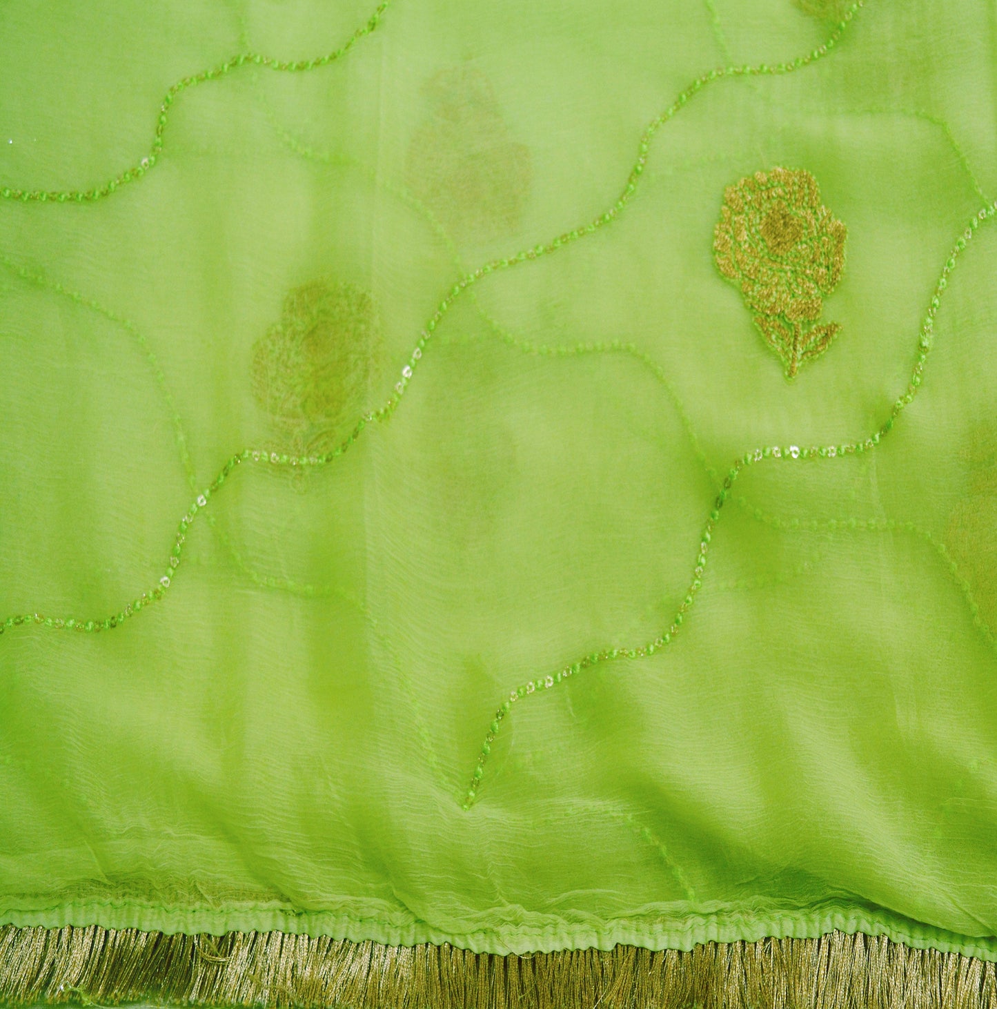 Indian Vintage Green Dupatta Blend Chiffon Long Stole Embroidered Scarves Floral Design Stole Veil Wrap