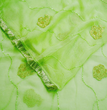 Indian Vintage Green Dupatta Blend Chiffon Long Stole Embroidered Scarves Floral Design Stole Veil Wrap