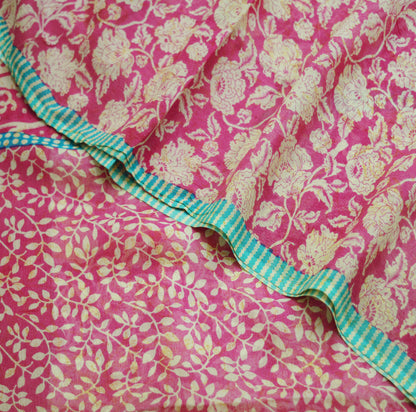 Indian Vintage Sari Ivory & Pink Pure Chiffon Silk Printed Saree Craft Fabric Sewing 5Yard Soft Light Sari Dress Making Floral