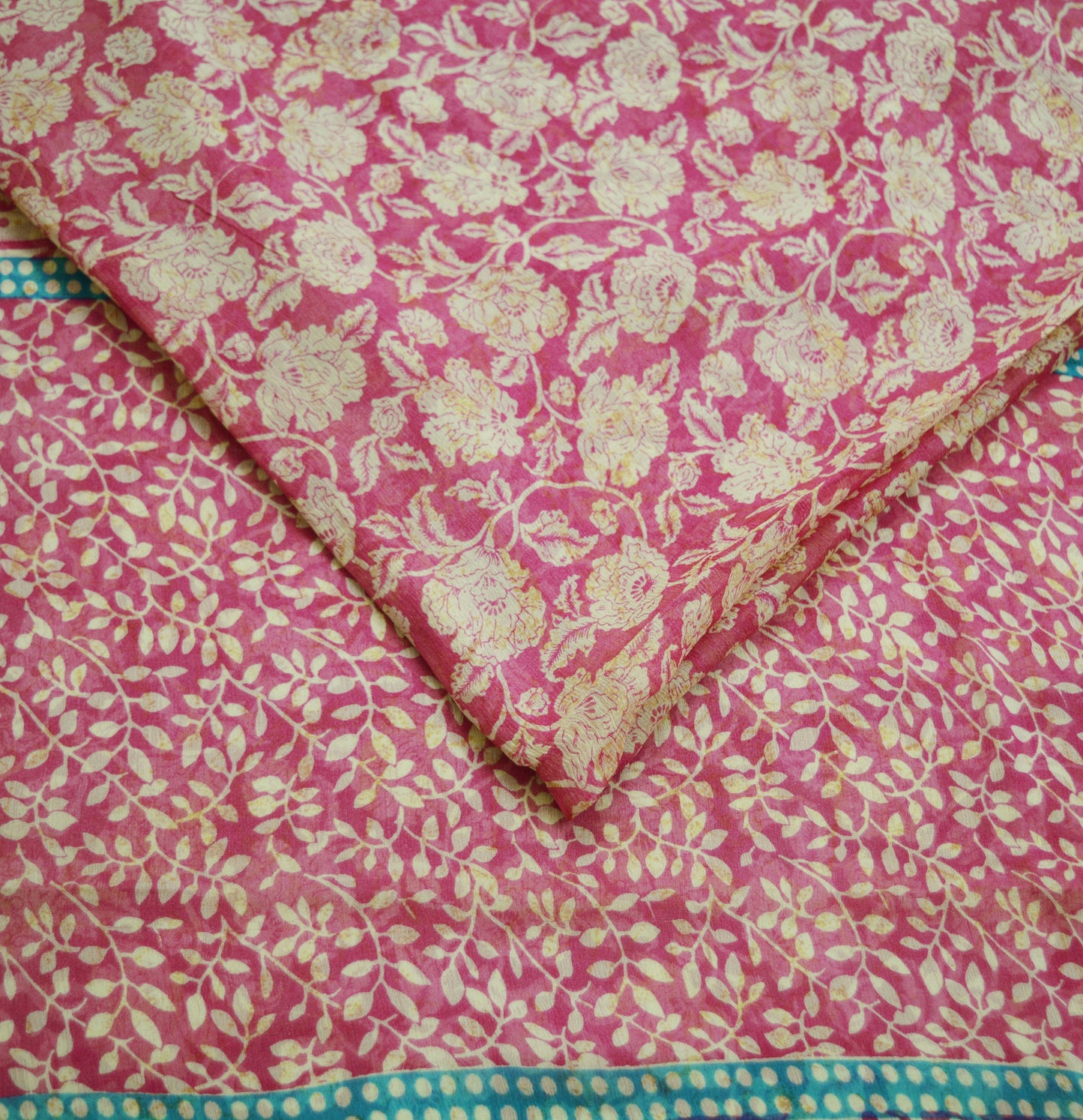 Indian Vintage Sari Ivory & Pink Pure Chiffon Silk Printed Saree Craft Fabric Sewing 5Yard Soft Light Sari Dress Making Floral