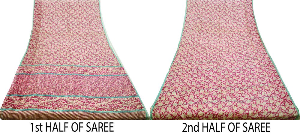 Indian Vintage Sari Ivory & Pink Pure Chiffon Silk Printed Saree Craft Fabric Sewing 5Yard Soft Light Sari Dress Making Floral