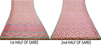 Indian Vintage Sari Ivory & Pink Pure Chiffon Silk Printed Saree Craft Fabric Sewing 5Yard Soft Light Sari Dress Making Floral