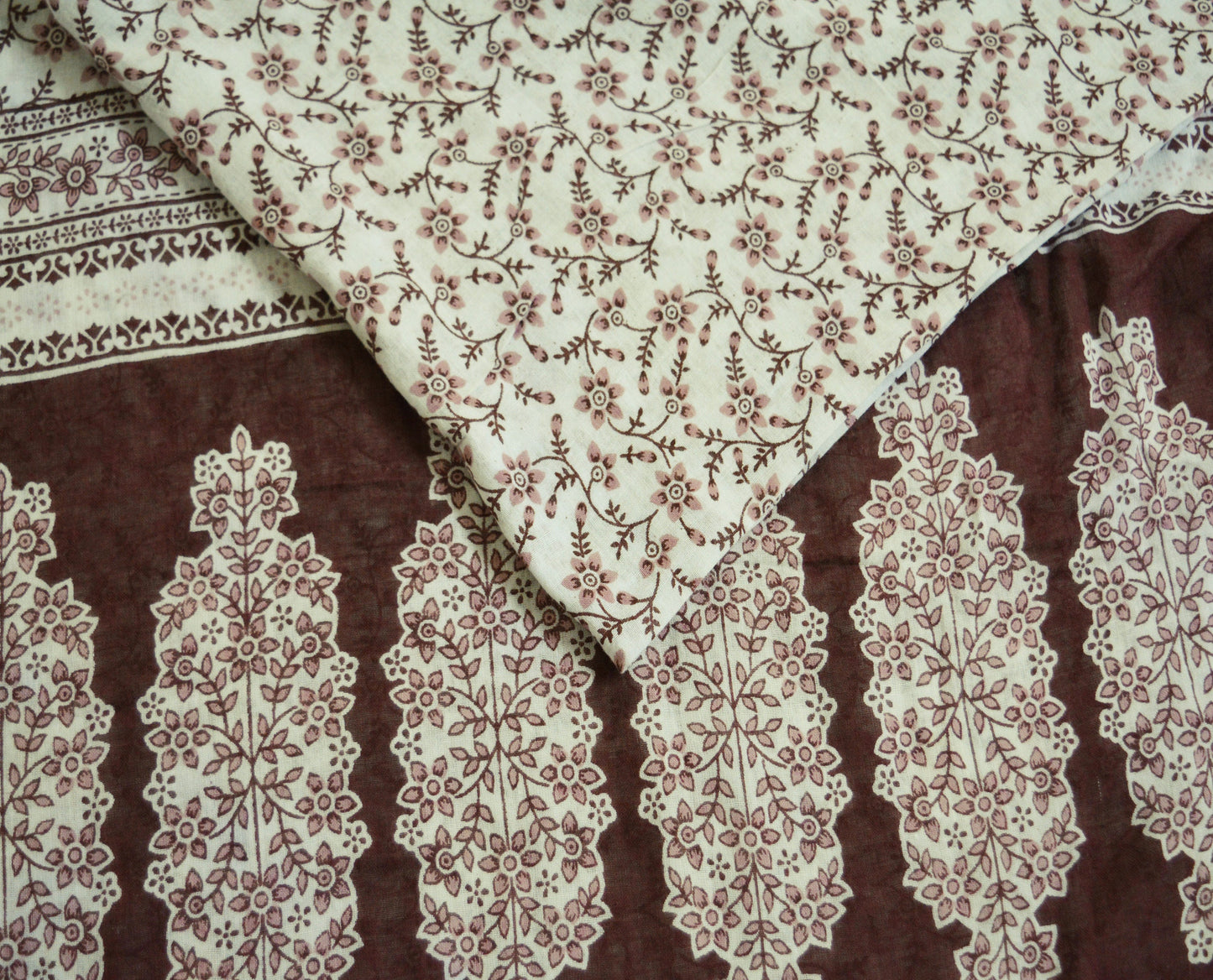 Indian Vintage Sari White & Brown 100% Pure Cotton Printed Saree  Craft Fabric 5Yd Soft Sewing Sarong Wrap Boho Floral Quilting Crafting