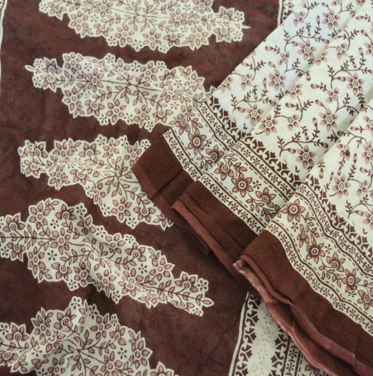 Indian Vintage Sari White & Brown 100% Pure Cotton Printed Saree  Craft Fabric 5Yd Soft Sewing Sarong Wrap Boho Floral Quilting Crafting