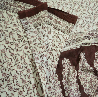 Indian Vintage Sari White & Brown 100% Pure Cotton Printed Saree  Craft Fabric 5Yd Soft Sewing Sarong Wrap Boho Floral Quilting Crafting