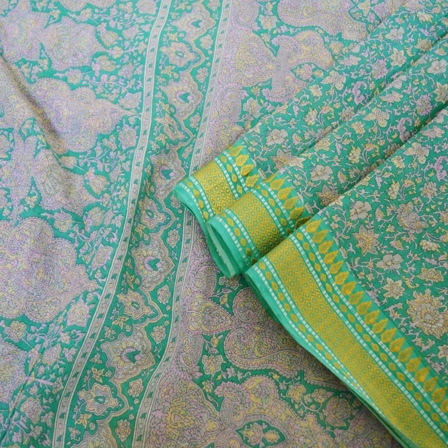 Indian Vintage Sari Green Printed Pure Cotton Saree Fabric Soft Paisley 5Yd Sarong Wrap Boho Fabric Kimono