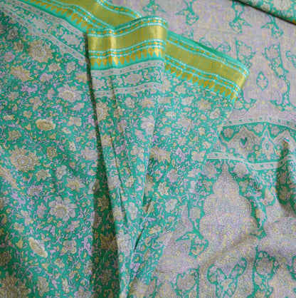 Indian Vintage Sari Green Printed Pure Cotton Saree Fabric Soft Paisley 5Yd Sarong Wrap Boho Fabric Kimono