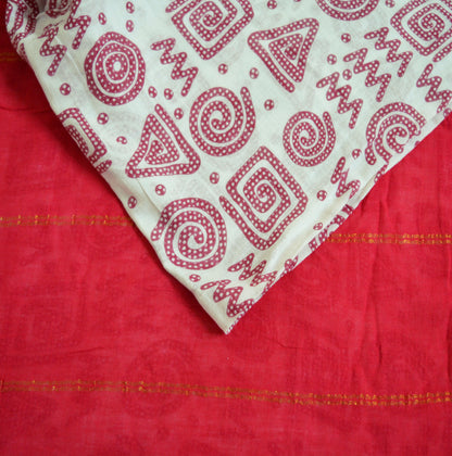 Indian Vintage Sari Red & White Printed 100% Pure Cotton Saree Craft Soft Fabric 5Yard Sewing Sarong Boho Geometric