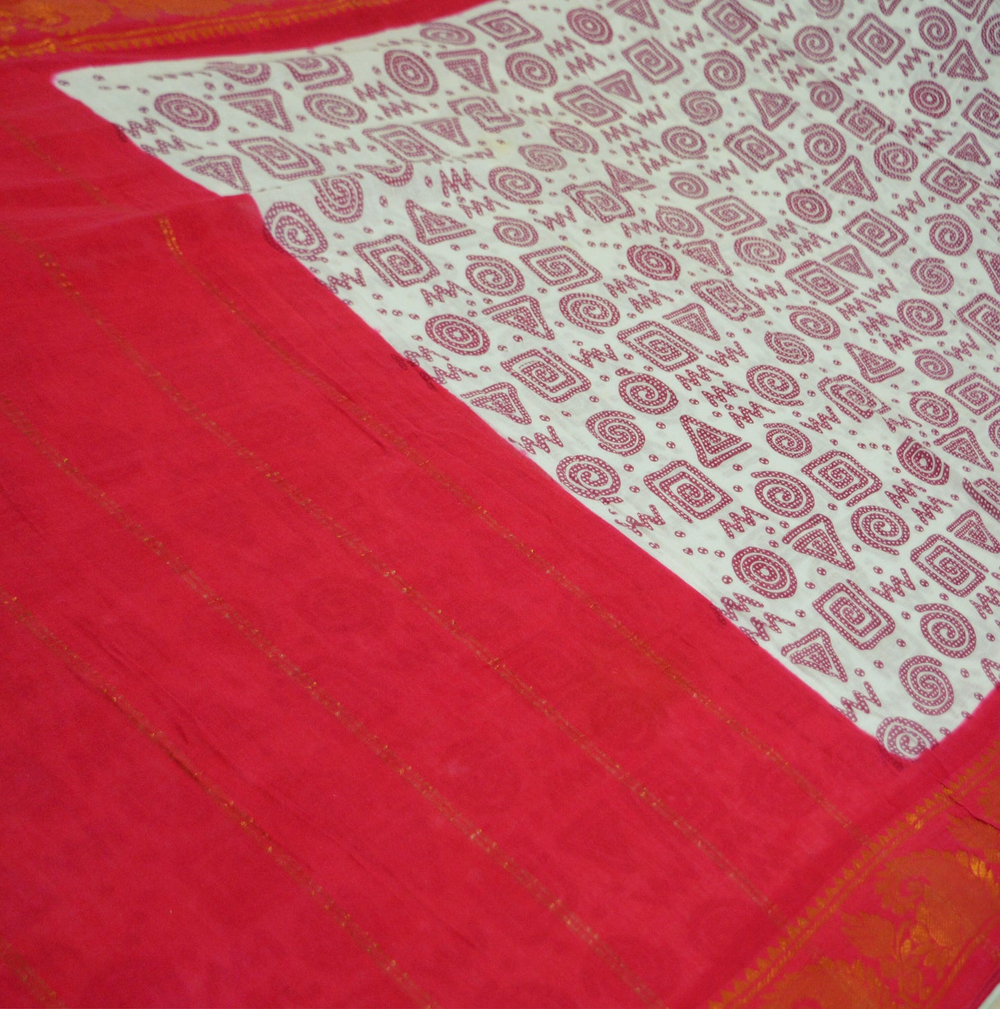 Indian Vintage Sari Red & White Printed 100% Pure Cotton Saree Craft Soft Fabric 5Yard Sewing Sarong Boho Geometric