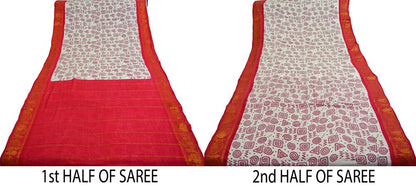 Indian Vintage Sari Red & White Printed 100% Pure Cotton Saree Craft Soft Fabric 5Yard Sewing Sarong Boho Geometric