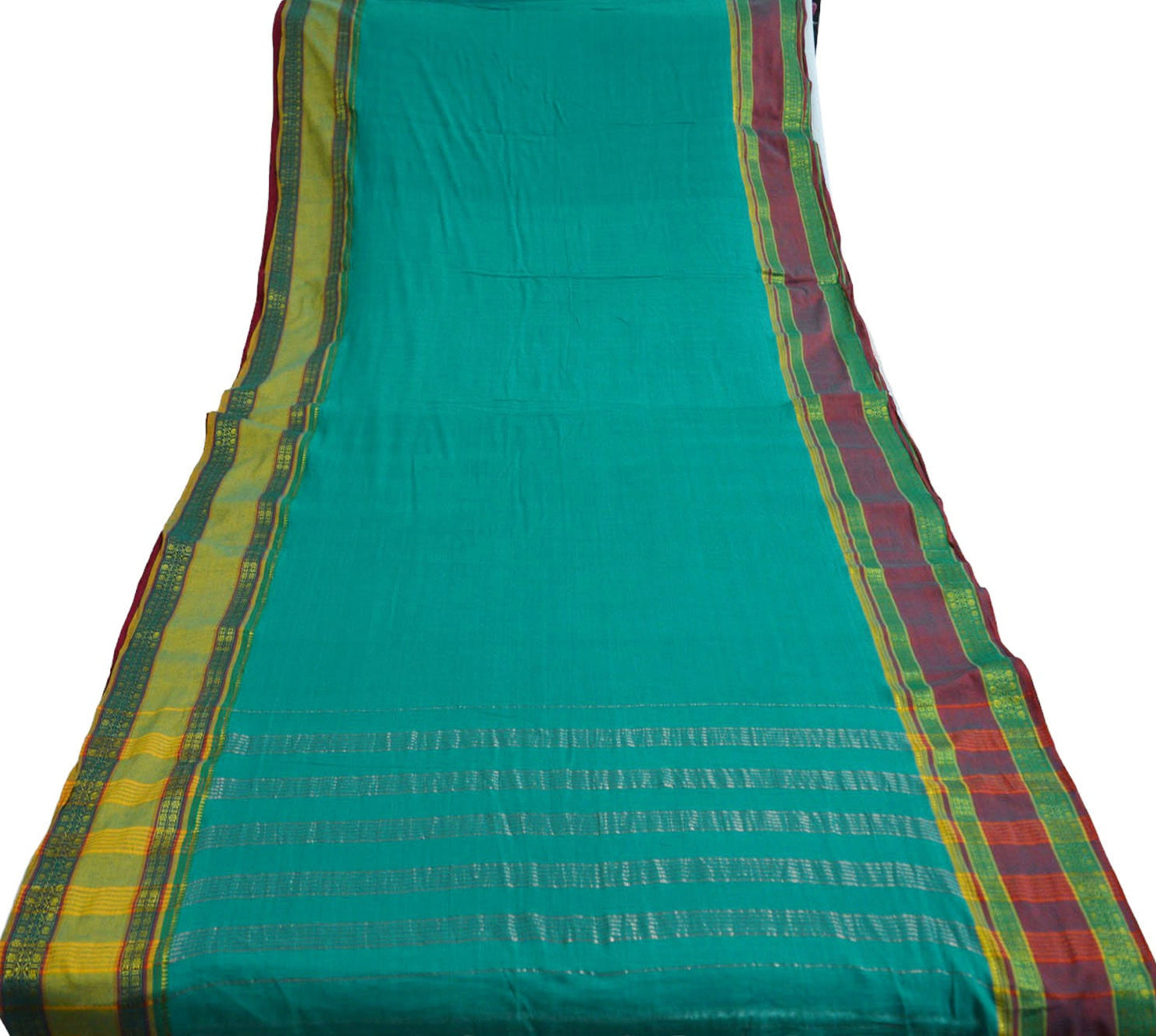 Vintage Sari Green Pure Cotton Hand Woven Saree Zari 6Yard Soft Floral Ethnic Fringes
