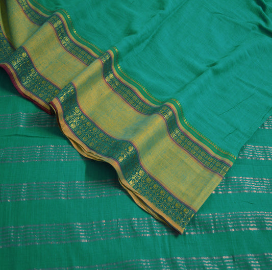 Vintage Sari Green Pure Cotton Hand Woven Saree Zari 6Yard Soft Floral Ethnic Fringes