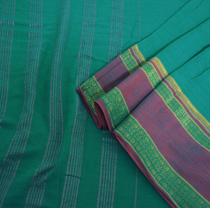 Vintage Sari Green Pure Cotton Hand Woven Saree Zari 6Yard Soft Floral Ethnic Fringes