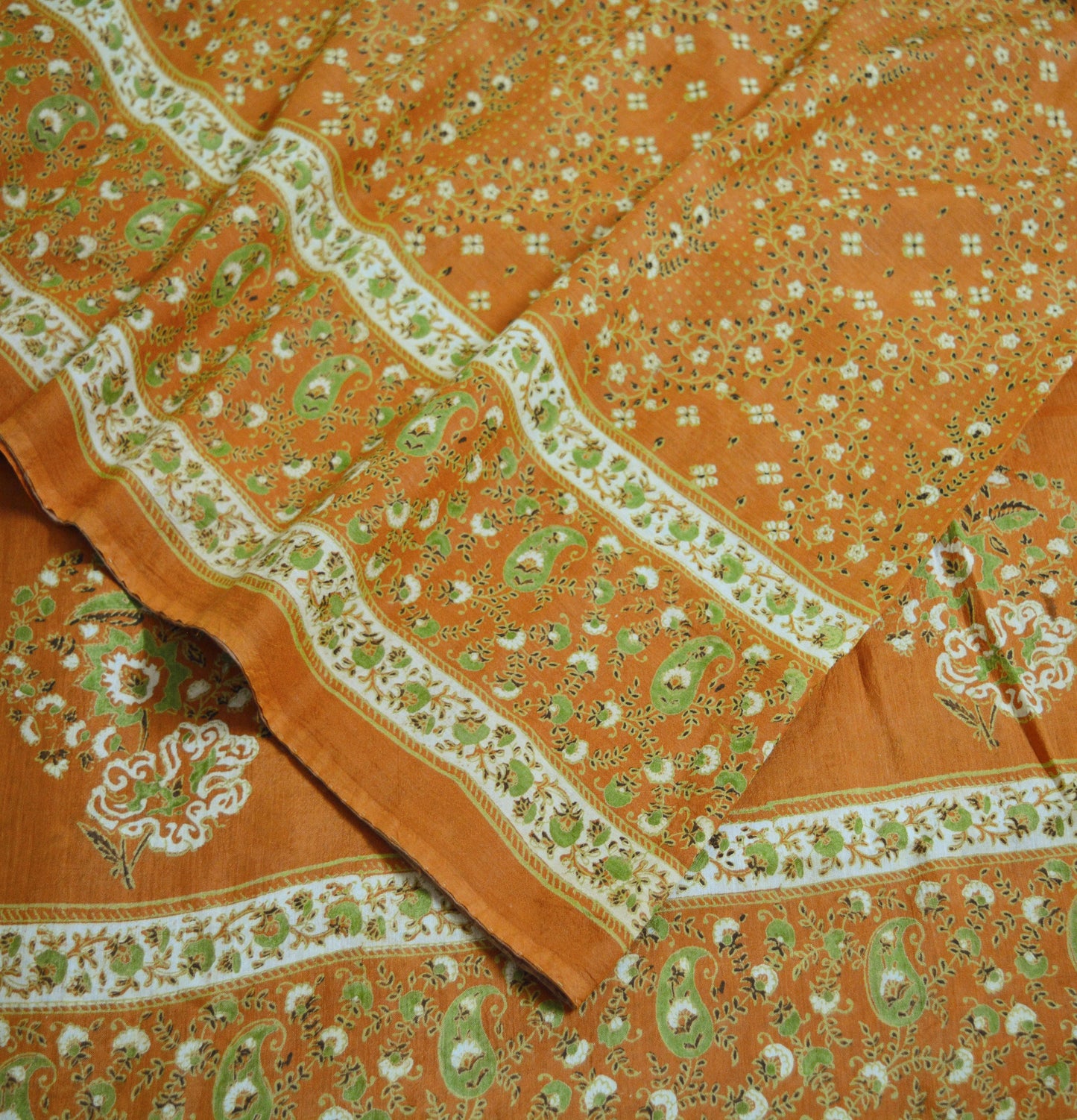 Indian Vintage Sari Saffron Pure Cotton Printed Saree Craft Soft Fabric 5Yard Sewing Sarong Wrap Paisley