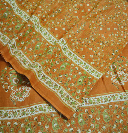 Indian Vintage Sari Saffron Pure Cotton Printed Saree Craft Soft Fabric 5Yard Sewing Sarong Wrap Paisley