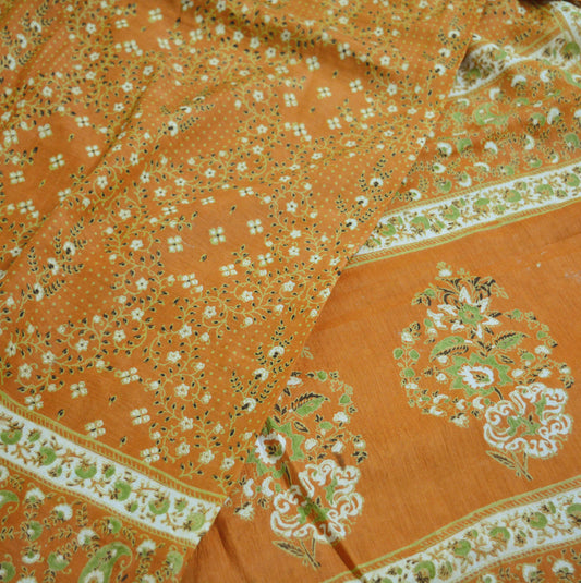Indian Vintage Sari Saffron Pure Cotton Printed Saree Craft Soft Fabric 5Yard Sewing Sarong Wrap Paisley