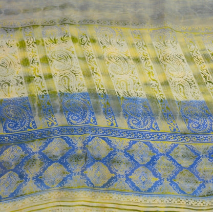 Indian Vintage Sari Green & Yellow Pure Chiffon Silk Leheria Printed Sarees Sewing 5yd Soft Craft Fabric Stripes Wrap Boho