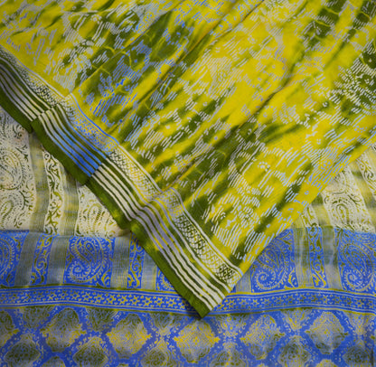 Indian Vintage Sari Green & Yellow Pure Chiffon Silk Leheria Printed Sarees Sewing 5yd Soft Craft Fabric Stripes Wrap Boho