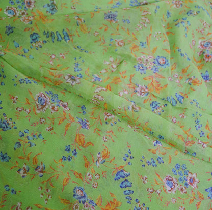 Indian Vintage Sari Green Pure Chiffon Silk Printed Sarees 6Yd Craft Fabric Sewing Soft Light Sari Dress Making Floral