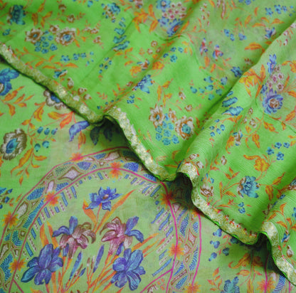 Indian Vintage Sari Green Pure Chiffon Silk Printed Sarees 6Yd Craft Fabric Sewing Soft Light Sari Dress Making Floral