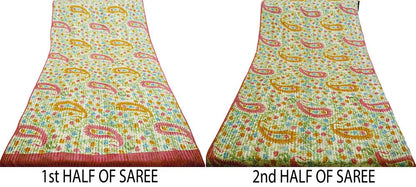 Indian Vintage Sari Ivory Pure Chiffon Silk Printed Saree Craft Fabric Sewing 5Yard Soft Light Dress Making Paisley