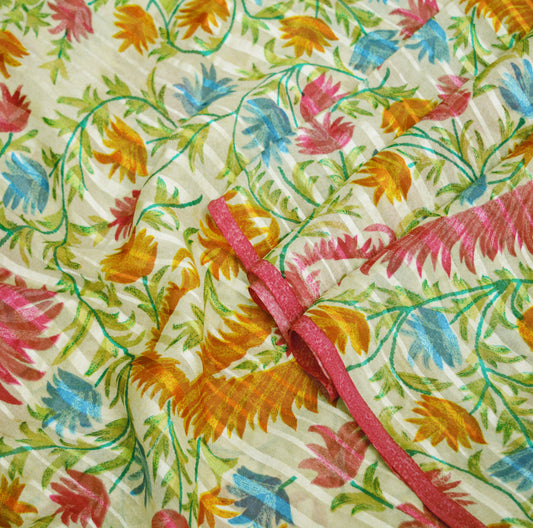 Indian Vintage Sari Ivory Pure Chiffon Silk Printed Saree Craft Fabric Sewing 5Yard Soft Light Dress Making Paisley