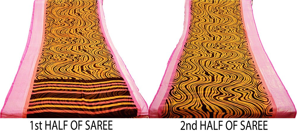 Indian Women Vintage Sari Black & Saffron Georgette Printed Saree Sewing 5yard Soft Craft Wrap Boho