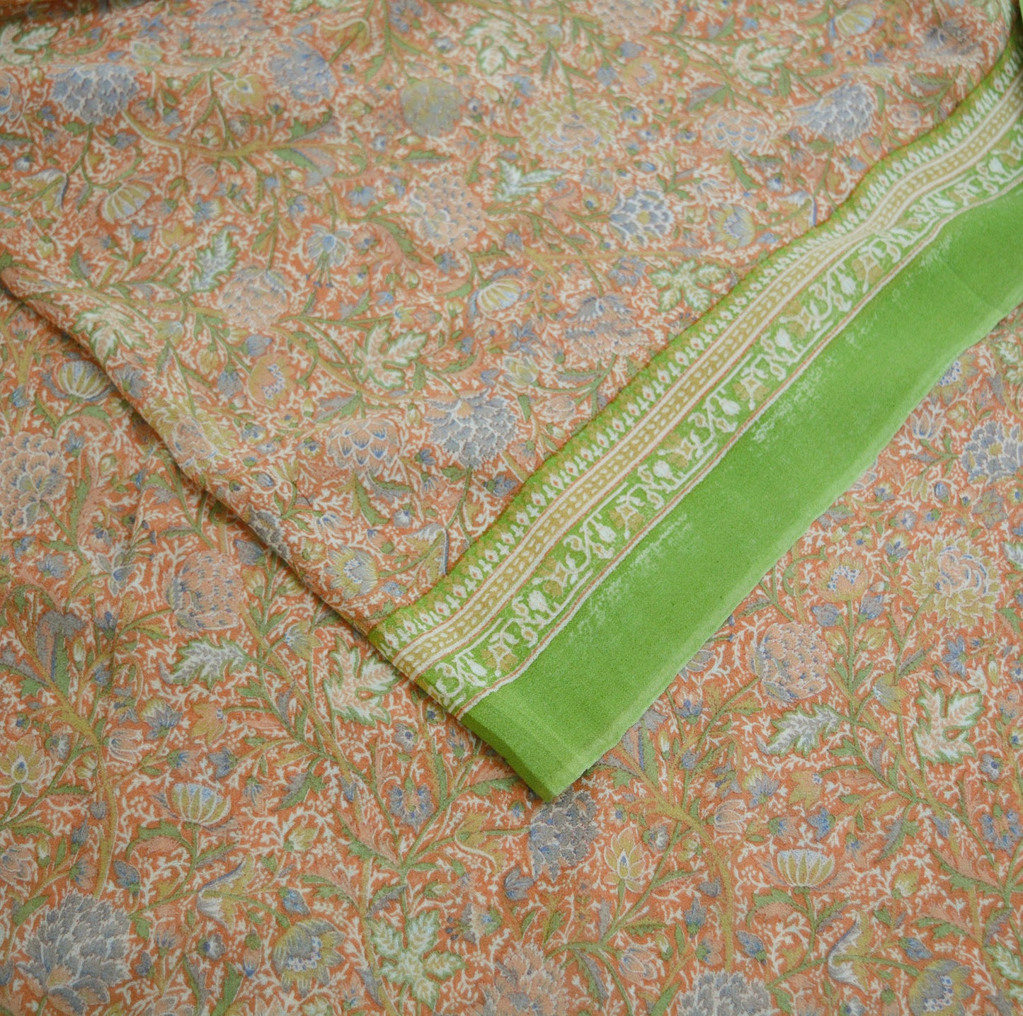 Indian Vintage Sari Peach & Green Pure Georgette Silk Printed Saree Craft Fabric Sewing 5Yard Soft Light Sari Dress Making