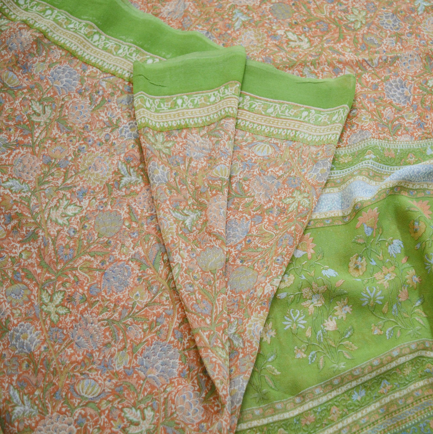 Indian Vintage Sari Peach & Green Pure Georgette Silk Printed Saree Craft Fabric Sewing 5Yard Soft Light Sari Dress Making