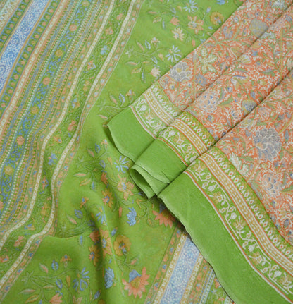 Indian Vintage Sari Peach & Green Pure Georgette Silk Printed Saree Craft Fabric Sewing 5Yard Soft Light Sari Dress Making