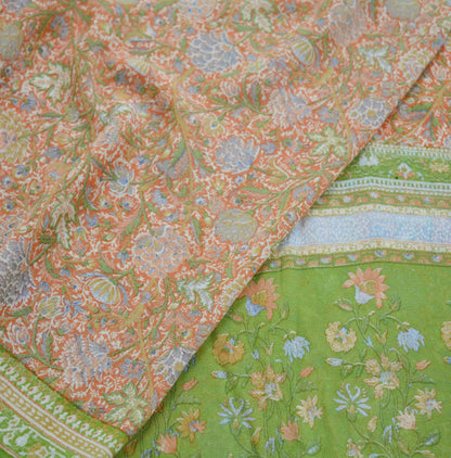 Indian Vintage Sari Peach & Green Pure Georgette Silk Printed Saree Craft Fabric Sewing 5Yard Soft Light Sari Dress Making