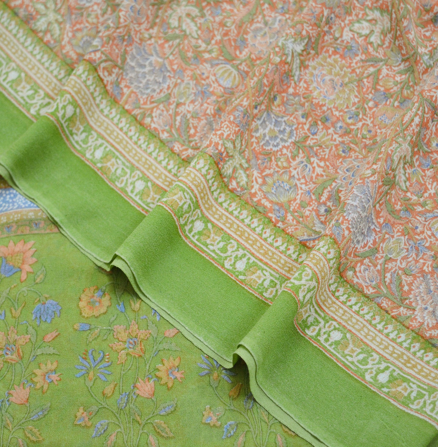 Indian Vintage Sari Peach & Green Pure Georgette Silk Printed Saree Craft Fabric Sewing 5Yard Soft Light Sari Dress Making