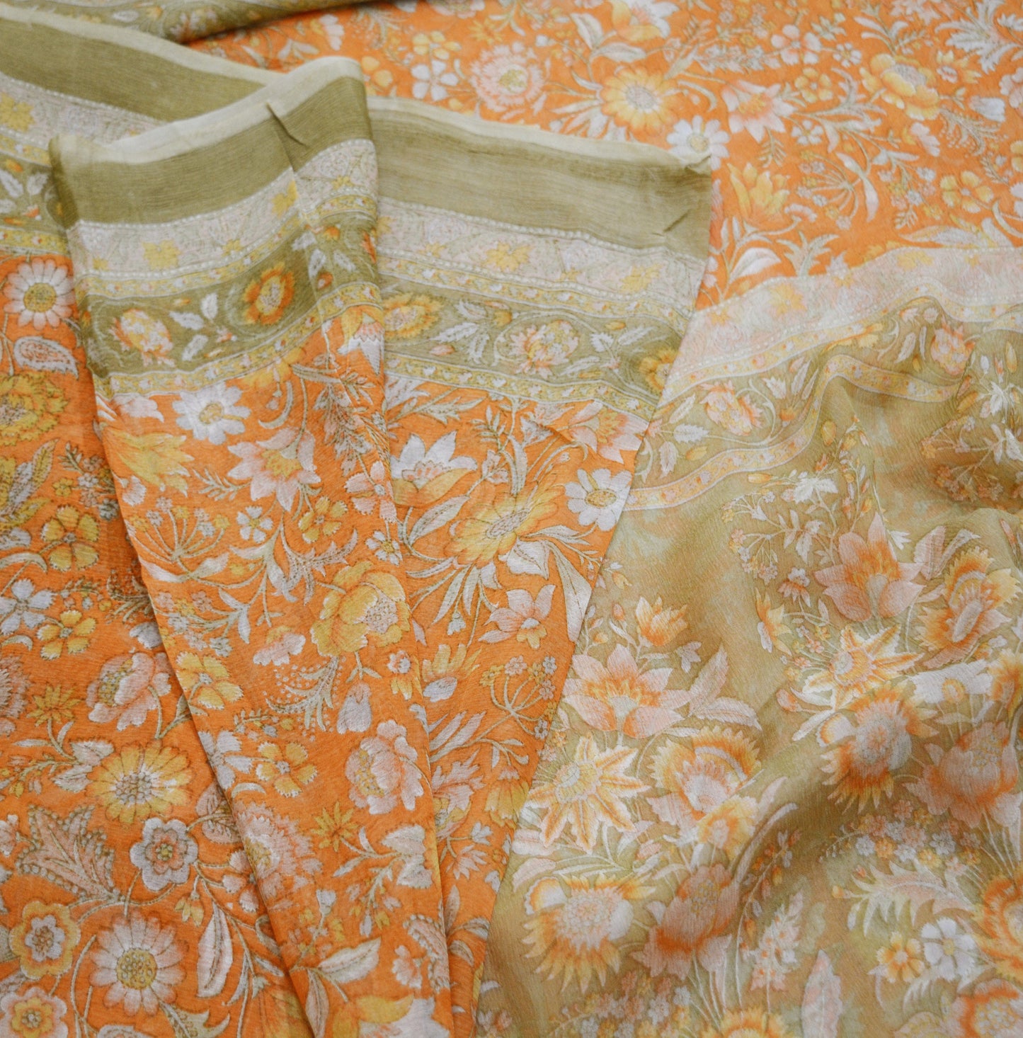 Indian Vintage Sari Orange & Green Pure Chiffon Silk Printed Sarees Craft Fabric Sewing 5Yard Soft Light Sari Dress Making