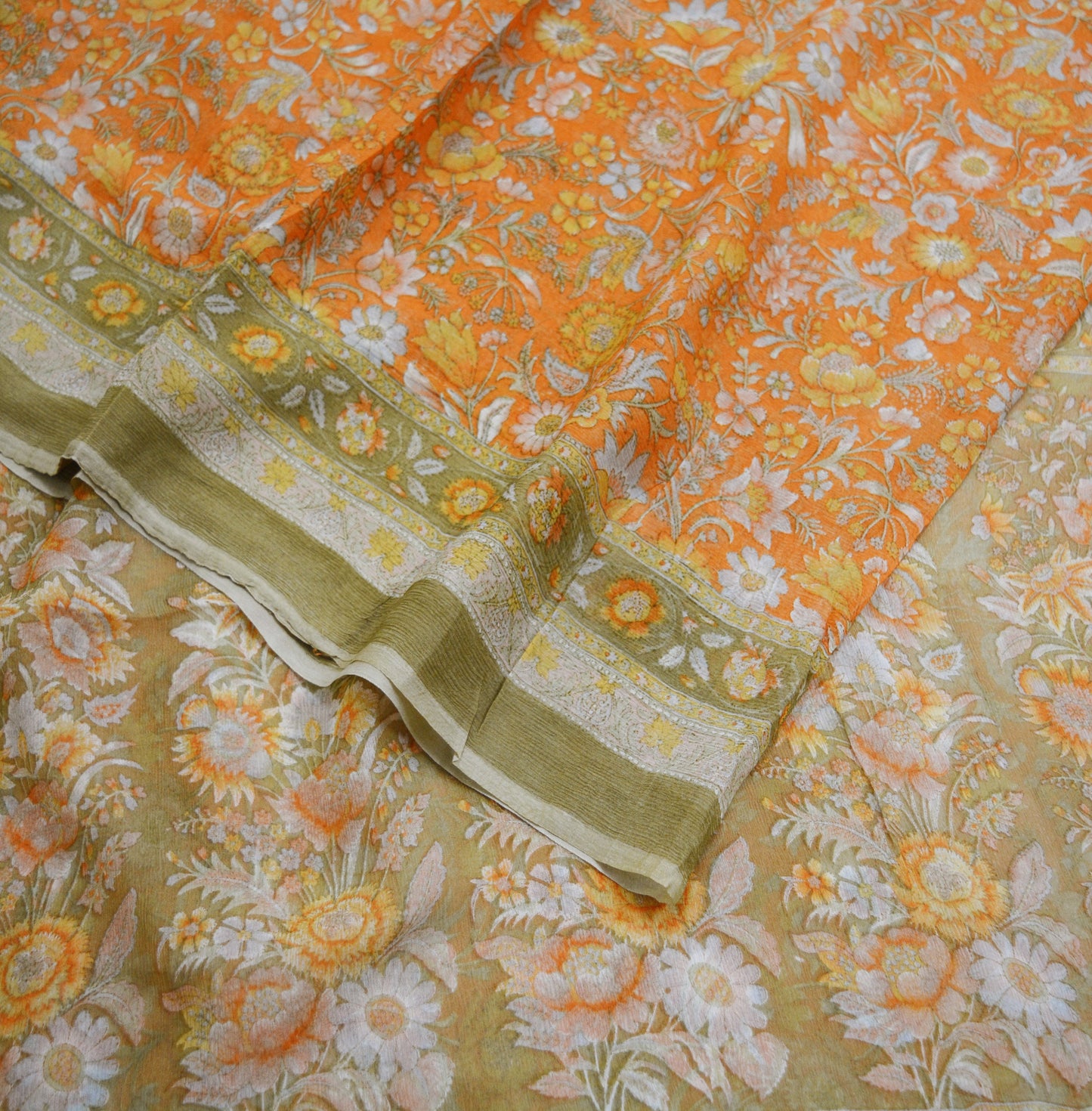 Indian Vintage Sari Orange & Green Pure Chiffon Silk Printed Sarees Craft Fabric Sewing 5Yard Soft Light Sari Dress Making