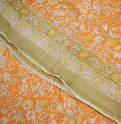 Indian Vintage Sari Orange & Green Pure Chiffon Silk Printed Sarees Craft Fabric Sewing 5Yard Soft Light Sari Dress Making