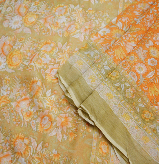 Indian Vintage Sari Orange & Green Pure Chiffon Silk Printed Sarees Craft Fabric Sewing 5Yard Soft Light Sari Dress Making