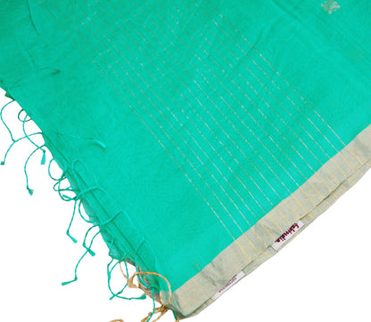 Indian Green Vintage Dupatta Long Stole Printed Woven Pure Chanderi Silk Indian Scarves Veil Golden Zari Soft Fringes